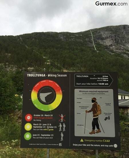 Trolltunga tırmanış rotası Norveç